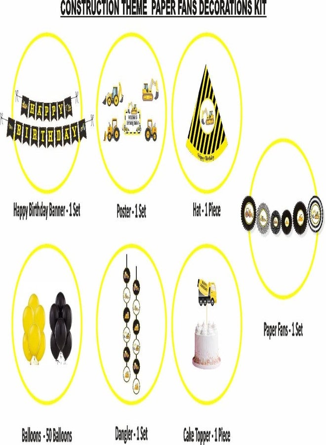 Untumble Construction Theme Birthday decoration party supplies combo pack JCB Theme Birthday kit with Banner Paper fans Danglers Posters Cake topper Hat and Balloons (Pack of 56, Yellow & Black) - Image 2